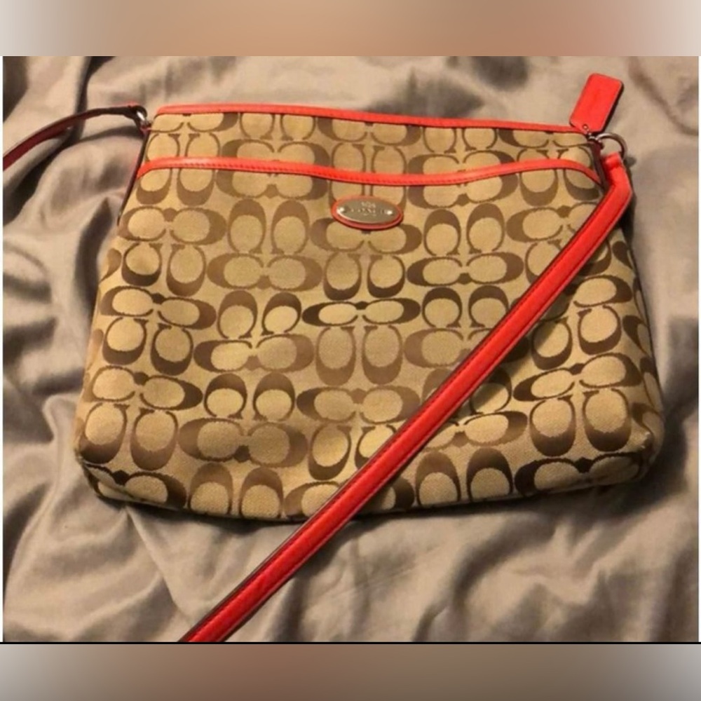Used Coach Orange Trim/Beige Crossbody Fabric Bag